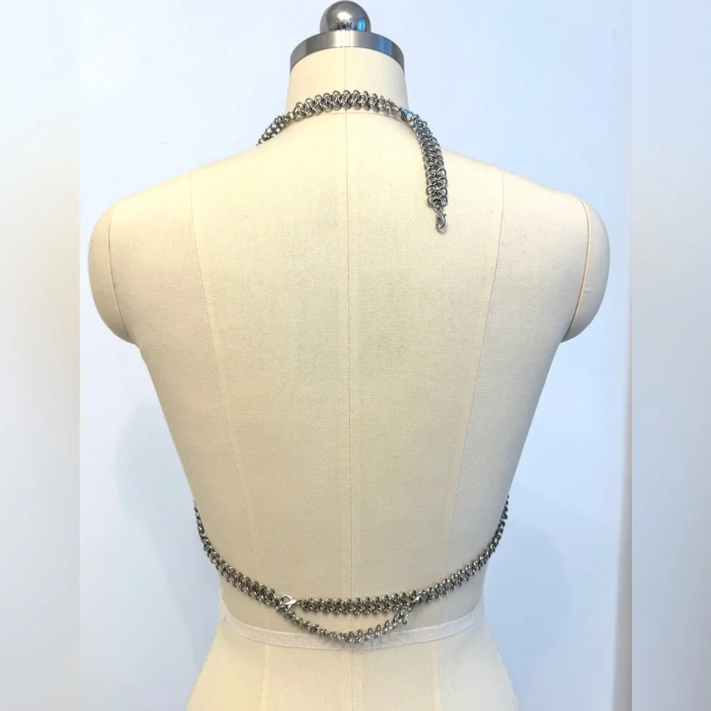ALTEREDREAMS Silver Rhinestone Chainmail Top | Metallic Drape Crop Festival - Picture 4 of 6